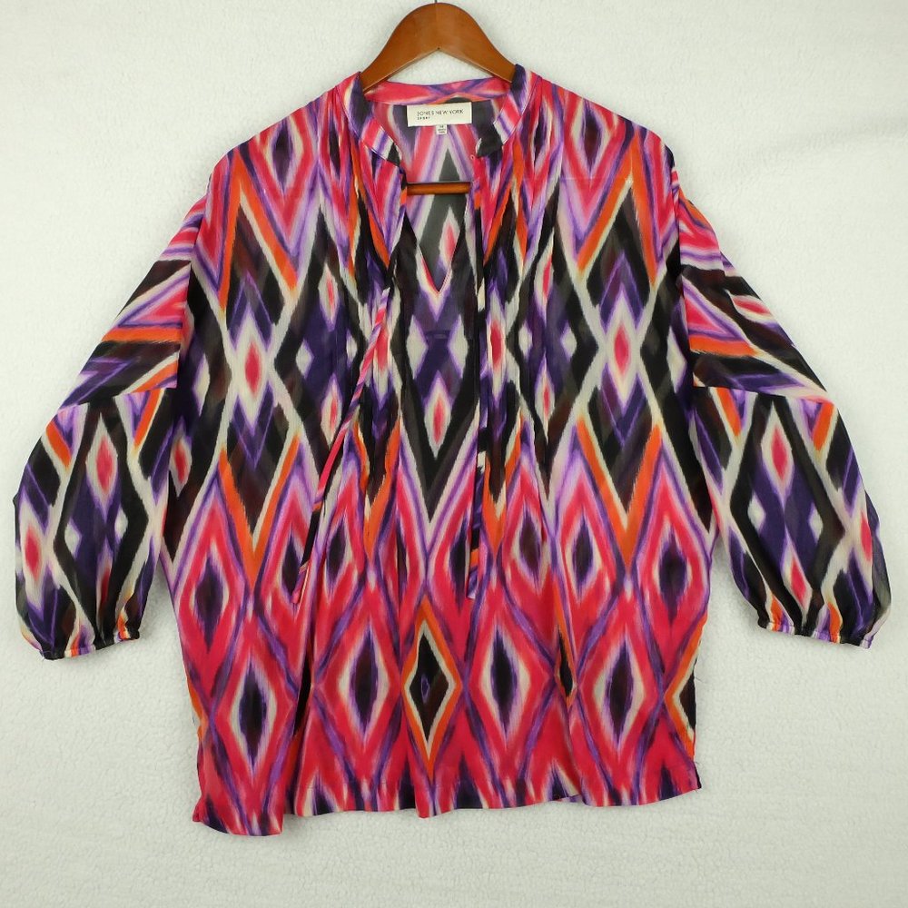 Jones New York Womens Shirt Top Medium Pink Purple Argyle Psychedelic Sheer